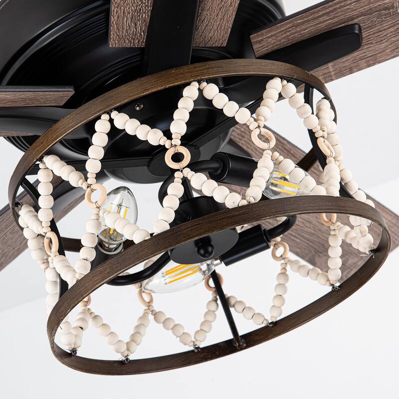 52" Farmhouse Wood Beaded Black Caged Ceiling Fan with Light and Remote
