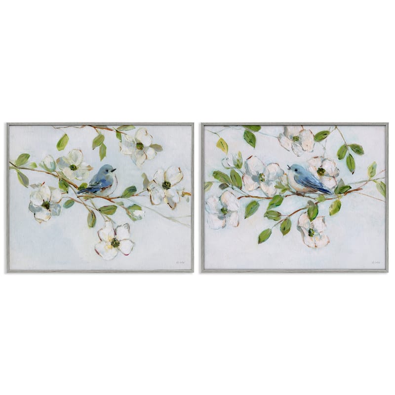 Stupell Perched Bluebirds on Branch Framed Giclee Art Design By Sally Swatland (Set of 2) - 20 x 16 - Grey