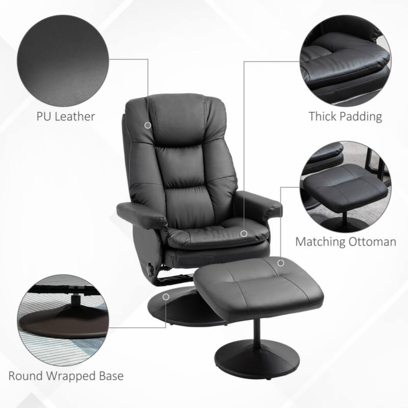 Recliner and Ottoman with Wrapped Base, Swivel PU Leather Reclining Chair with Footrest,Black