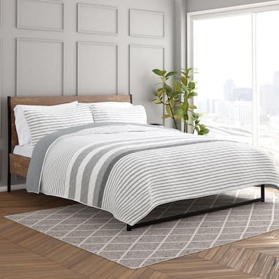 3pc King/Cal King Quilted Coverlet Set Reversible Stripes Light Grey