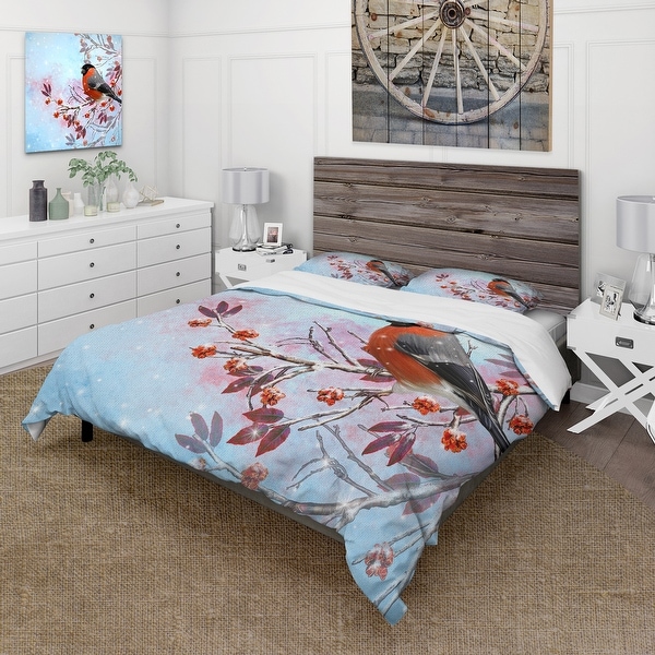Designart 'Two Bright Bird Bullfinch Bird Sitting On A Branch' Traditional Duvet Cover Comforter Set. Opens flyout.