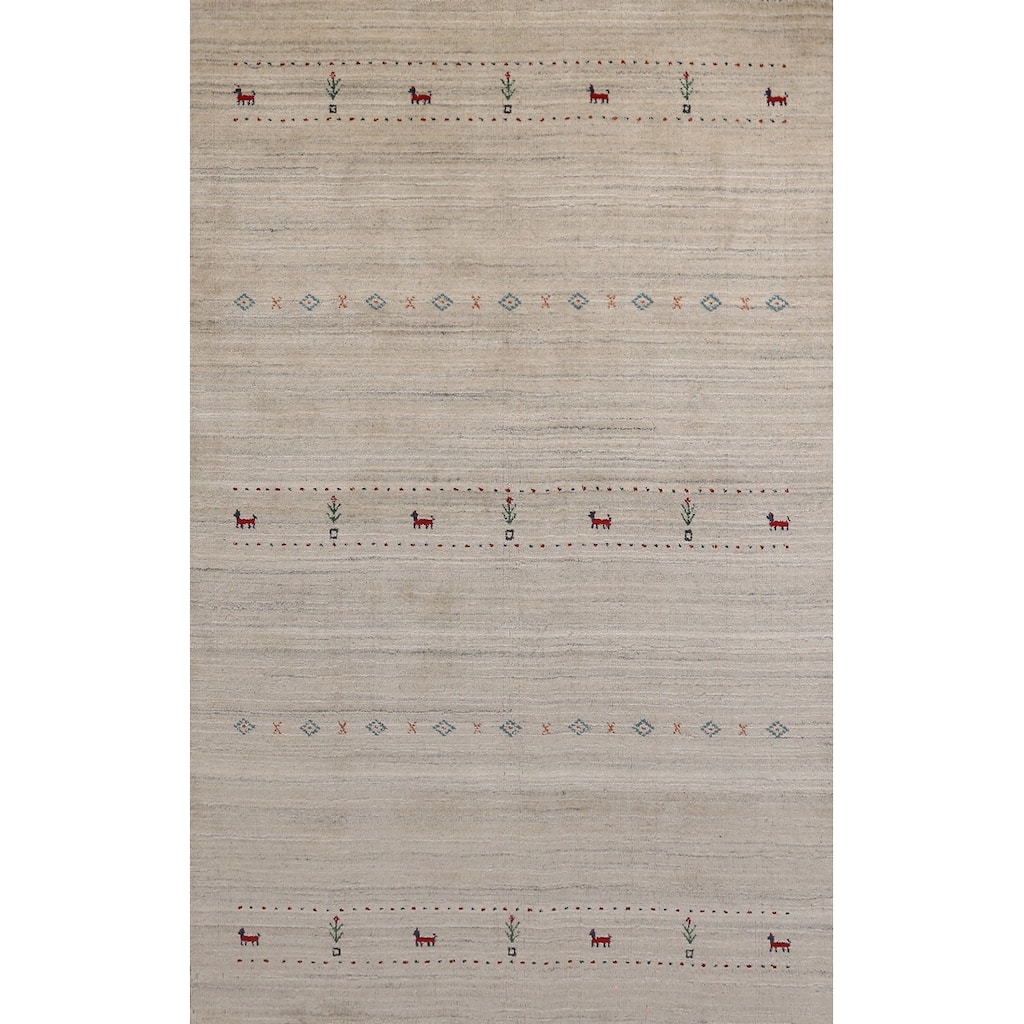 Beige Tribal Gabbeh Indian Area Rug Hand-Knotted Wool Carpet - 5'0" x 7'9"