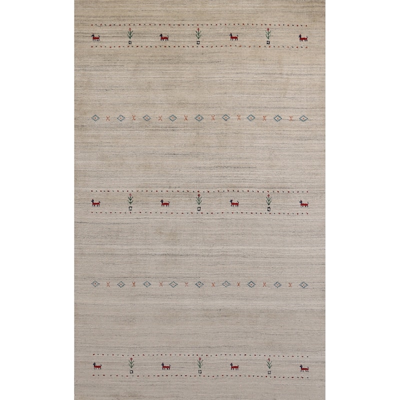 Beige Tribal Gabbeh Indian Area Rug Hand-Knotted Wool Carpet - 5'0" x 7'9"