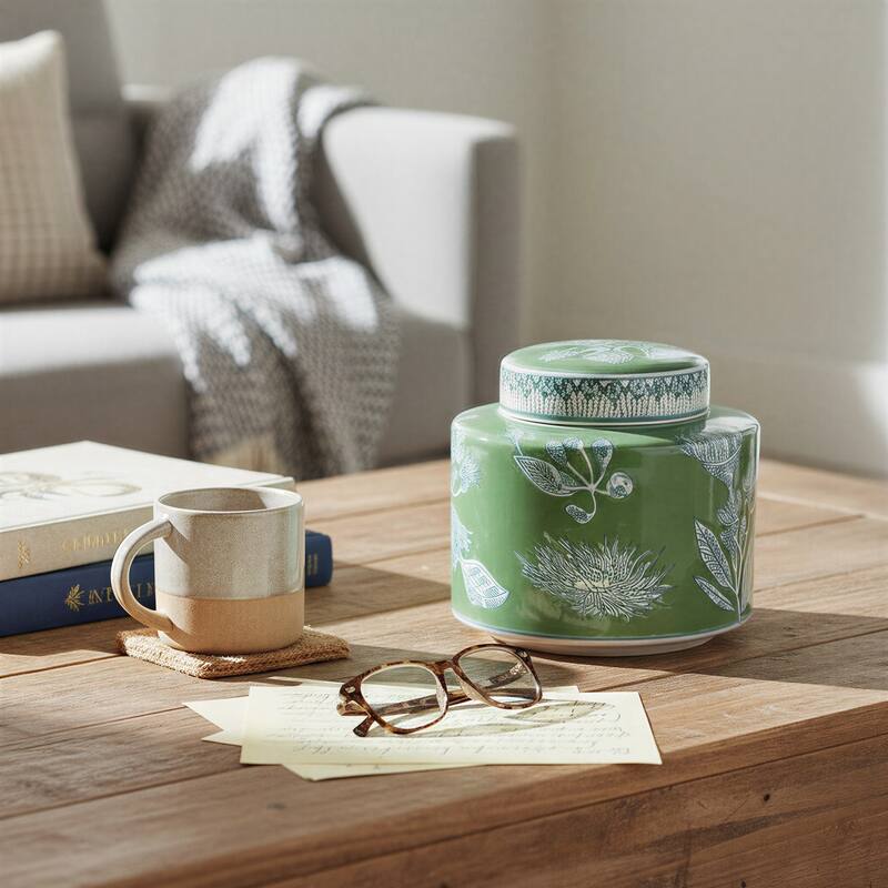 Stoneware Decorative Storage Jar with Lid and Botanical Detailing - 7.8"L x 7.8"W x 7.0"H - Green; White