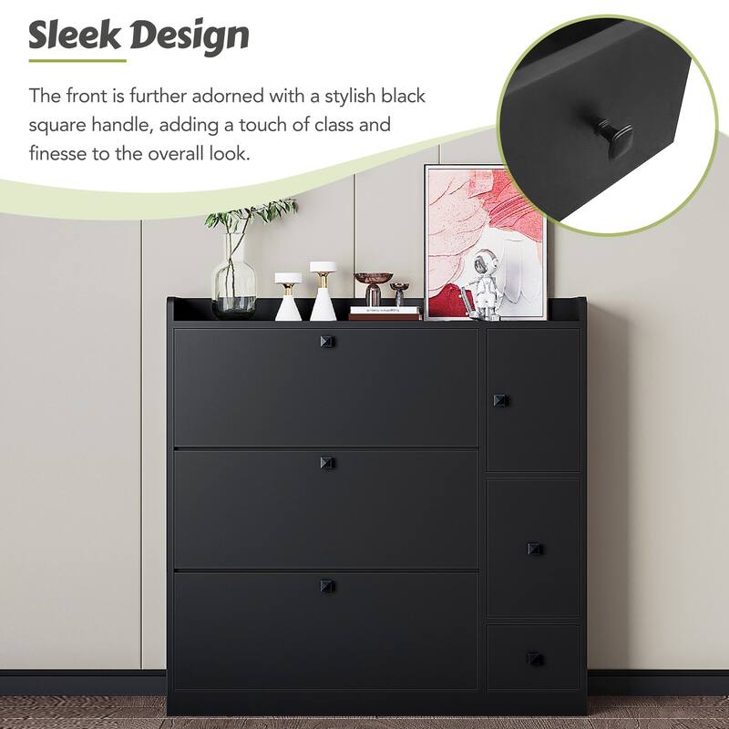 Thin Shoe Cabinet for Hallway with 3 Flip Storage Drawers, Entryway Freestanding Shoe Organizer Rack with Pull-Down Seat