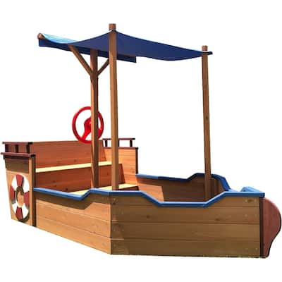 Sandbox with Cover,Wood Ship Sandbox with Rudder,Storage Bench and Seat