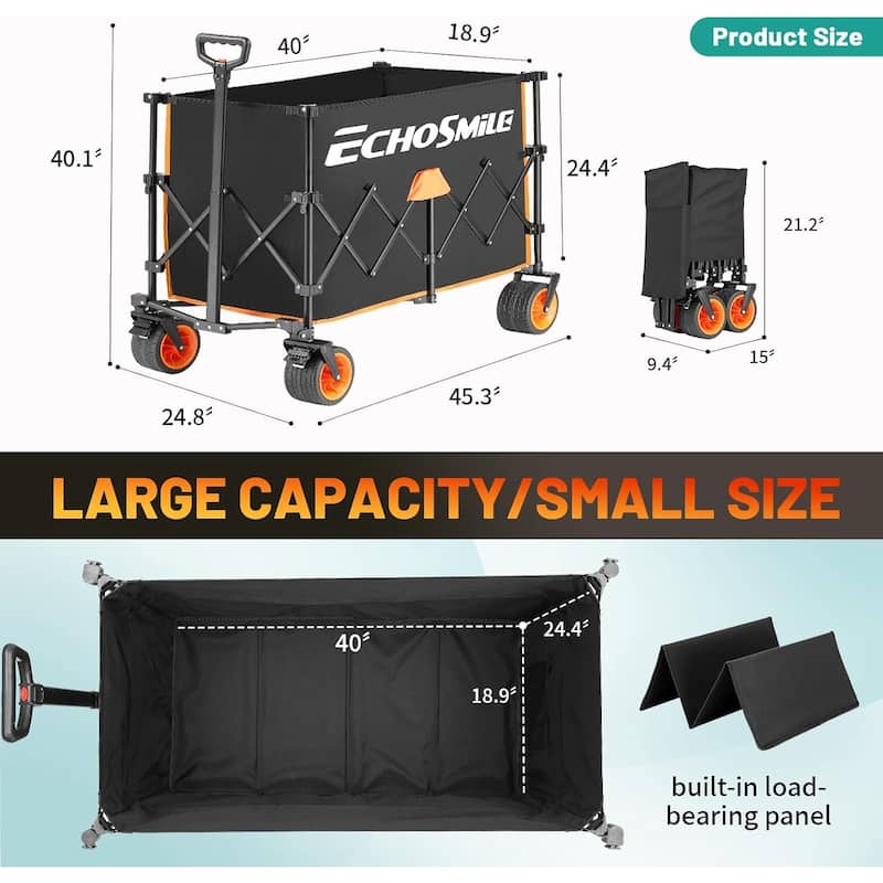Heavy-Duty Telescoping Folding Wagon - Black & Orange Color-Block Design, Extended Height Cart