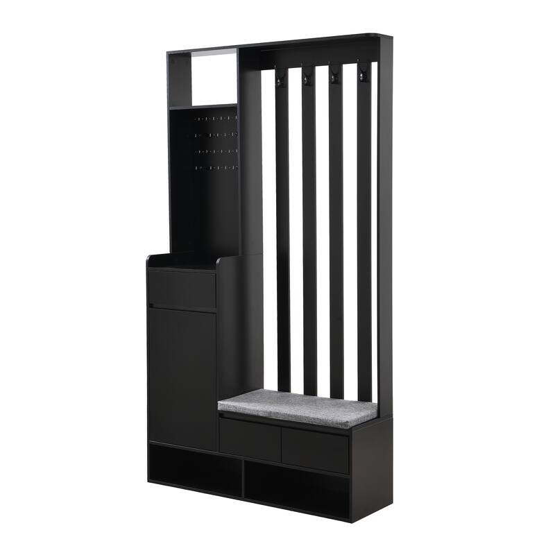 Modern Hall Tree Hallway Shoe Cabinet with Cushioned Bench, Pegboard, 4 Hooks, and Storage Shelves for Entryway and Mudroom