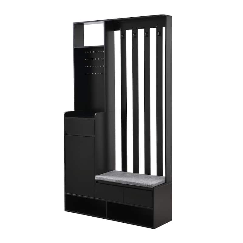 Roomfitters Modern Hall Tree with Storage Bench, Multifunctional Mudroom Cabinet with Pegboard and 4 Hooks