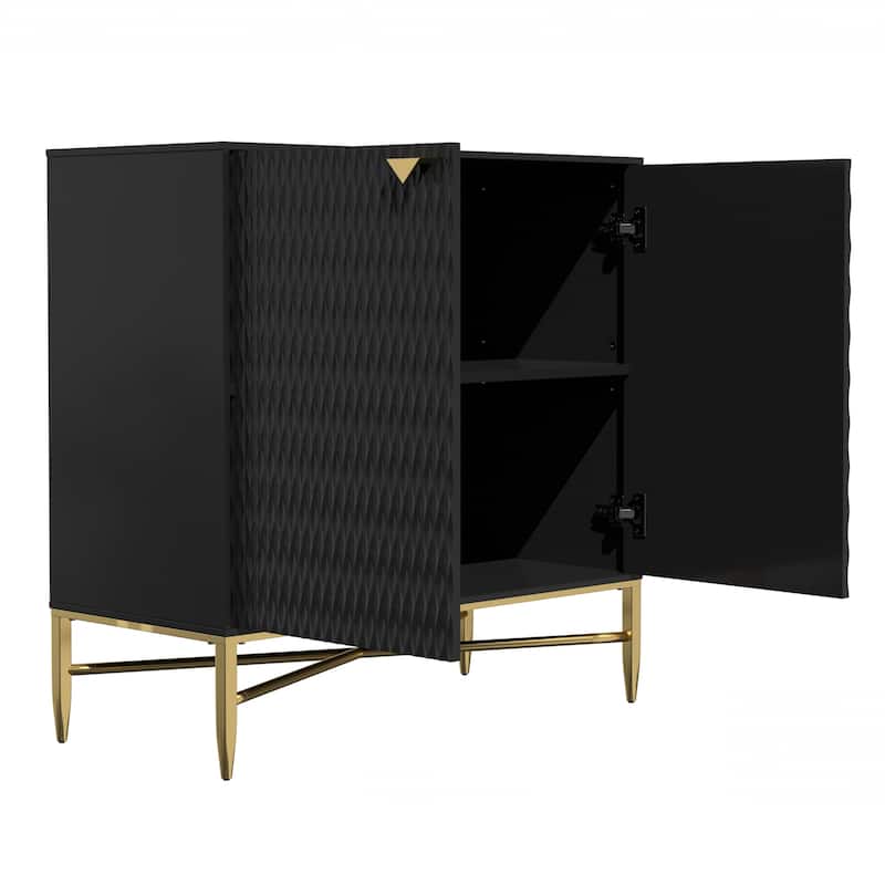 Accent Cabinet with Raised Diamond Pattern, Storage Cabinet with Brass X-Tapered Legs, Buffet with Adjustable Shelves
