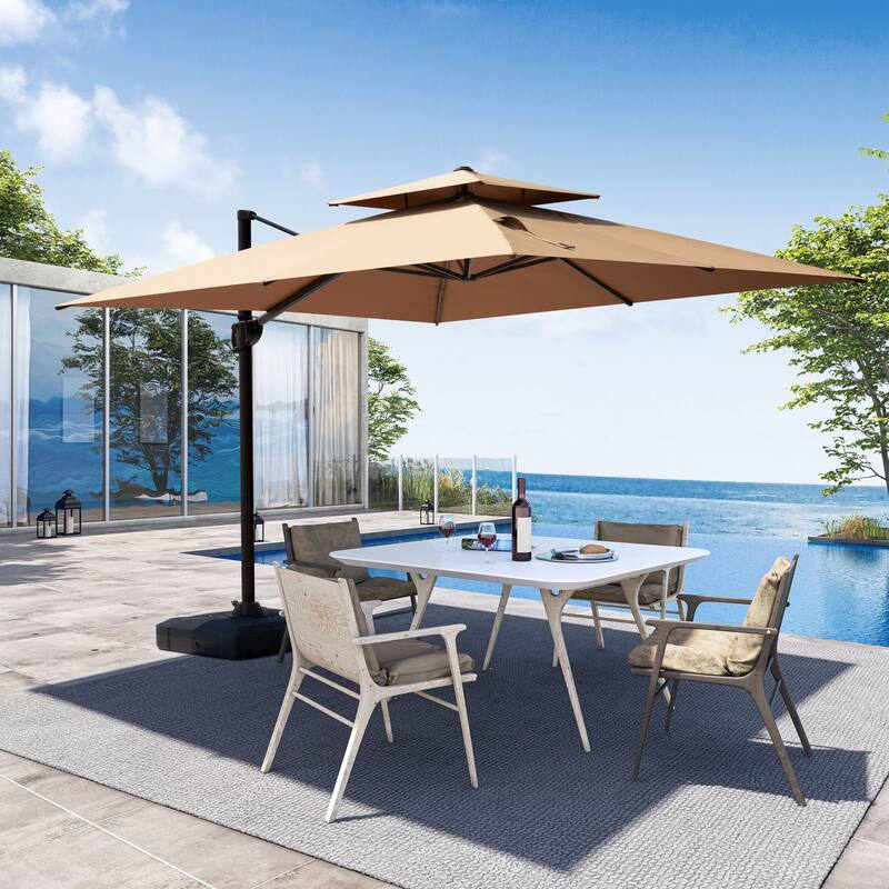Crestlive Products 10/11FT Aluminum Square Double Top Patio Cantilever-Offset Umbrella - Tan - 11ft