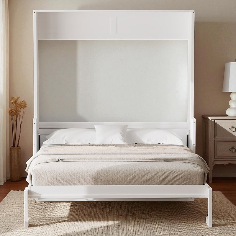 Queen Murphy Wall Bed with Desk, LED Lights & USB, Dual-Piston Lift, 600 lb Capacity, 6-8 in Mattress, No Box Spring - White - Queen