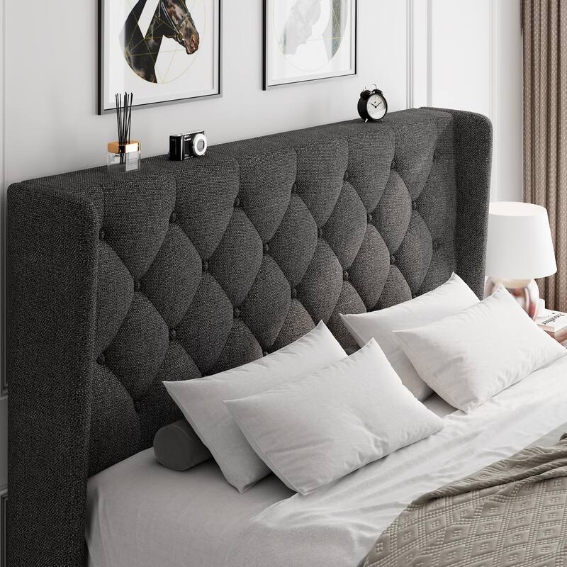 Full Bed Frame with Upholstered Wingback, Platform Bed Frame with Diamond Button Tufted Headboard, Under-Bed Space, Wooden Slats