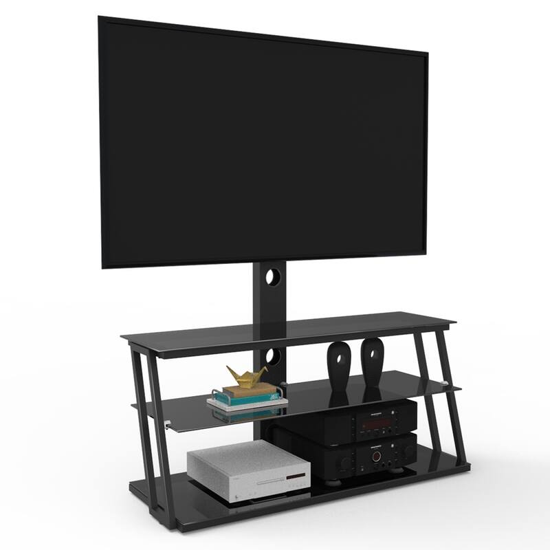 Black Multi-Function Angle And Height Adjustable Tempered Glass TV Stand fit 32"-65"TVs