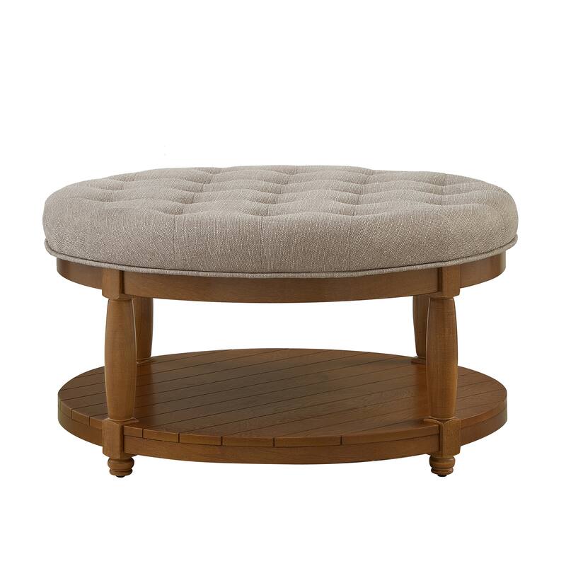 Large Round Tufted Linen Ottoman Coffee Table with Wood Shelf Storage - Linen Beige