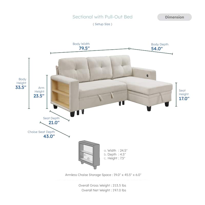 Hazel Boucle Sectional Sofa - Reversible Chaise, Pull-out Bed, Shelves