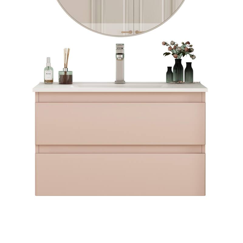 32 Inch Floating Bathroom Vanity with One-piece Ceramic Sink, Wall Mounted Cabinet with 2 Drawers