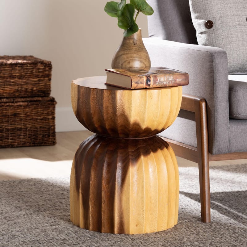 Noleta Hand-carved Suar Wood Side Table - Sculptural Hourglass Table with Natural Grain, Boho Style for Living Room or Bedroom