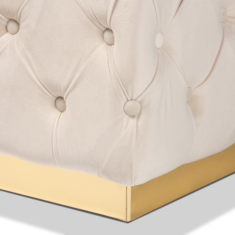 Corrine Glam and Luxe Velvet Fabric and Gold PU Leather Ottoman