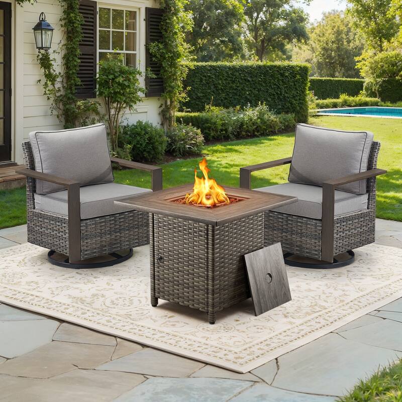 Meyreso 3-Piece Wicker Swivel Glider Fire Pit Set with Plush 4.5" Olefin Cushions