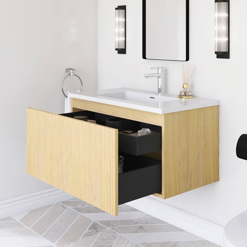 Floating Bathroom Vanity in Yellow Oak with Integrated Resin Top