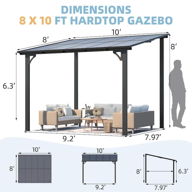 8x10ft Wall Mounted Gazebos Pergola, Outdoor Lean to Gazebo Awnings