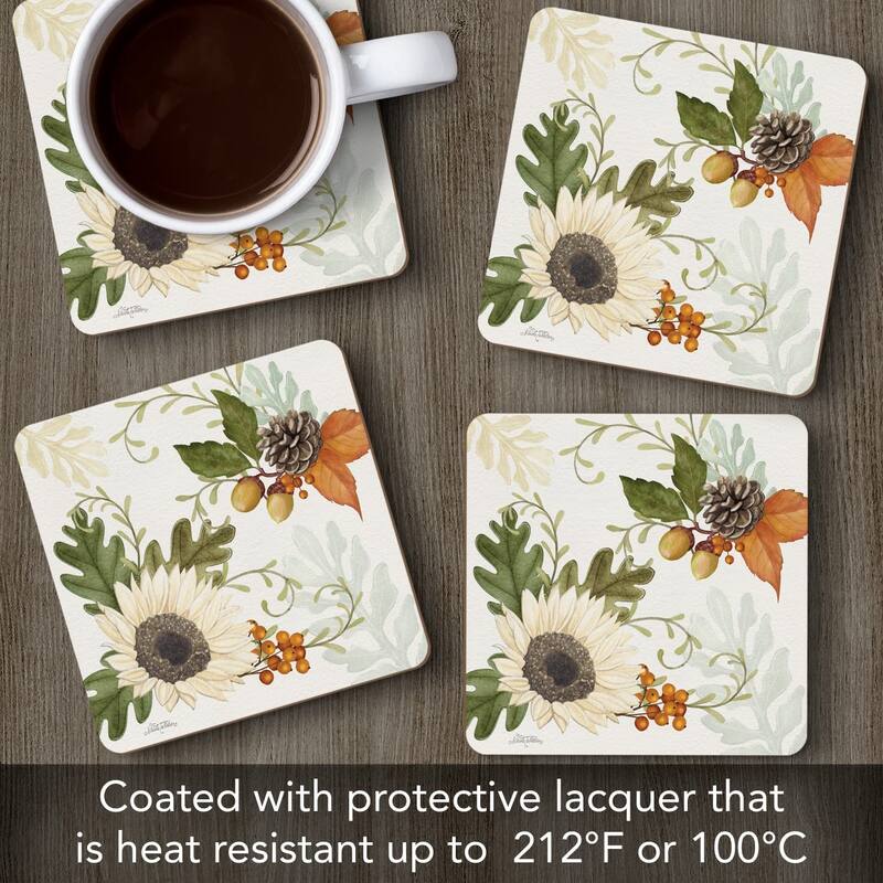 Farmhouse Fall Decorative Hardboard Cork Backed Coasters 4 Pack Layered Construction Heat Tolerant Easily Wipes Clean