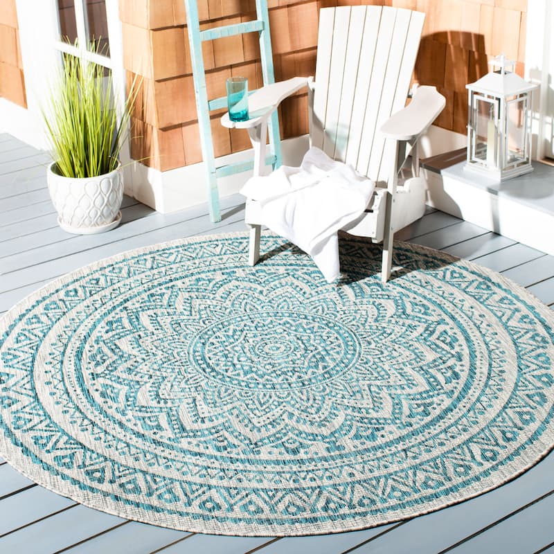 SAFAVIEH Courtyard Fran Mandala Indoor/ Outdoor Waterproof Patio Backyard Rug - 6'7" Round - Light Grey/Teal