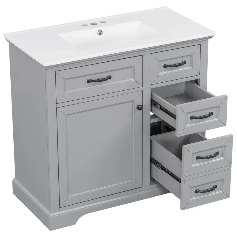 Roomfitters 36" Bathroom Vanity with Ceramic Sink, 2 Tip-out Drawers and Smart Storage Organizer