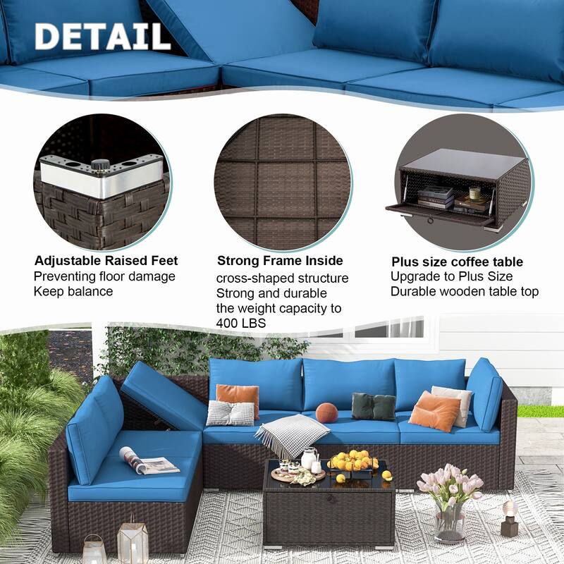 EROMMY 6/7 Piece Modular Outdoor Rattan Sofa Set, All-Weather Wicker Patio Furniture with Storage Table, Cushions & Pillows