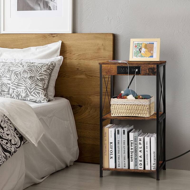 3-Tier Vinyl Record Storage Shelf Turntable Stand with Charging Station