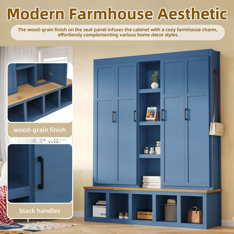 Farmhouse 4-in-1 Hall Tree with 6 Hanging Hooks, Mudroom Wood Grain Bench with Open Compartments