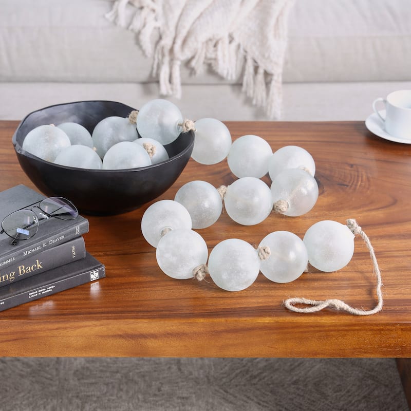 White Glass Handmade Round Extra Long Frosted Orb Beaded Home Garland with Tassel with Knotted Jute Rope