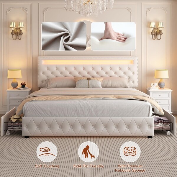 Queen Led Bed Frame with Storage Drawers, with Smart Control