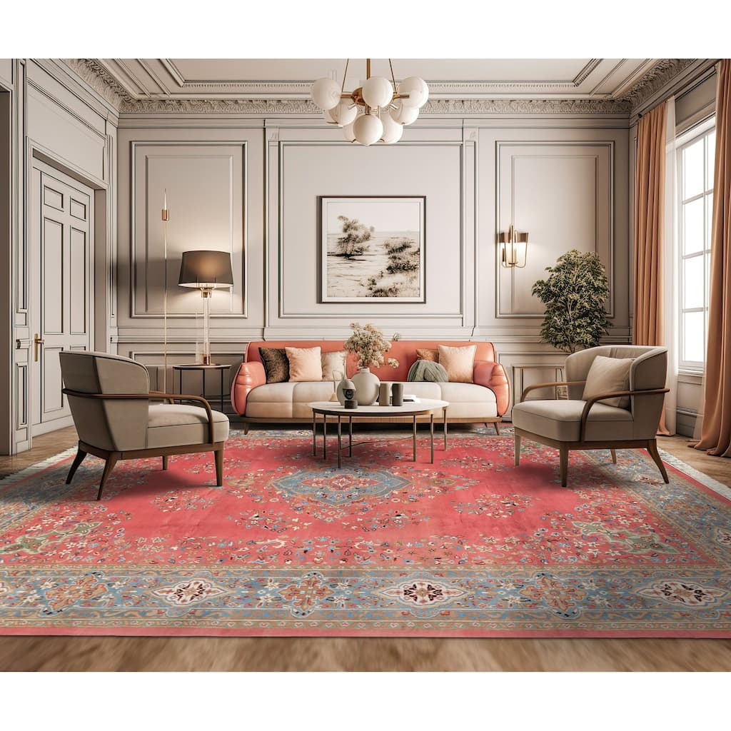 9x12 Hand Knotted Wool Pink Kashaan Traditional Botanical Plush Pile Area Rug - 9' x 12'