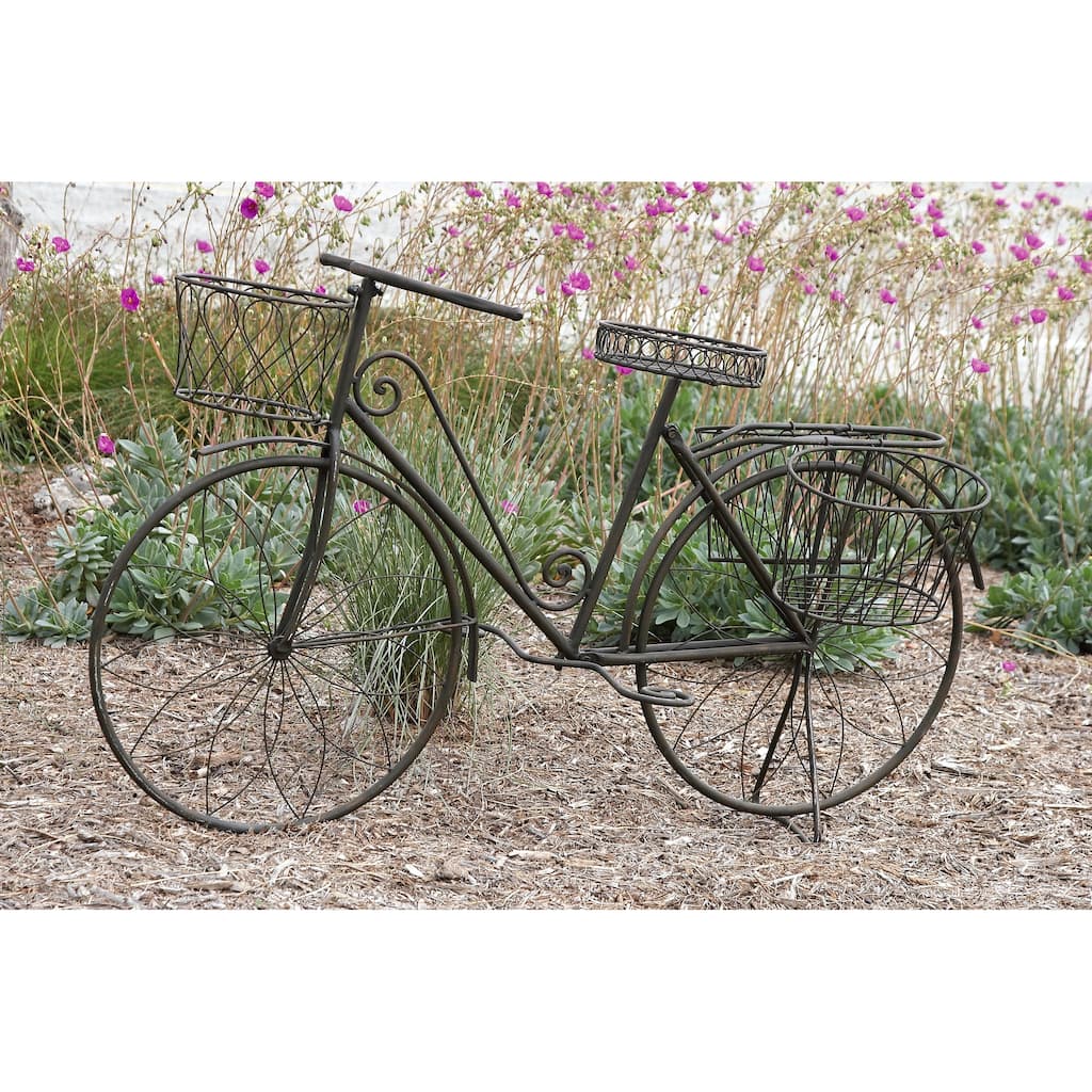 Brown Metal Indoor Outdoor Wire Floral Scrolled Bike Indoor Outdoor Plantstand with Basket and Saddle Bag Planters