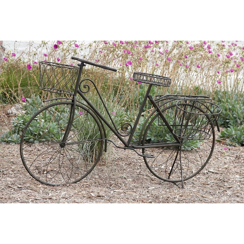 Brown Metal Indoor Outdoor Wire Floral Scrolled Bike Indoor Outdoor Plantstand with Basket and Saddle Bag Planters - Brown