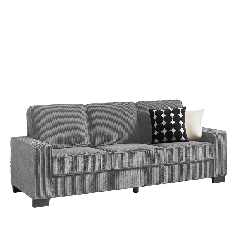 84.25" Corduroy 3-Seater Sofa with Cup Holder Armrests - High-Density Sponge and Spring Cushions