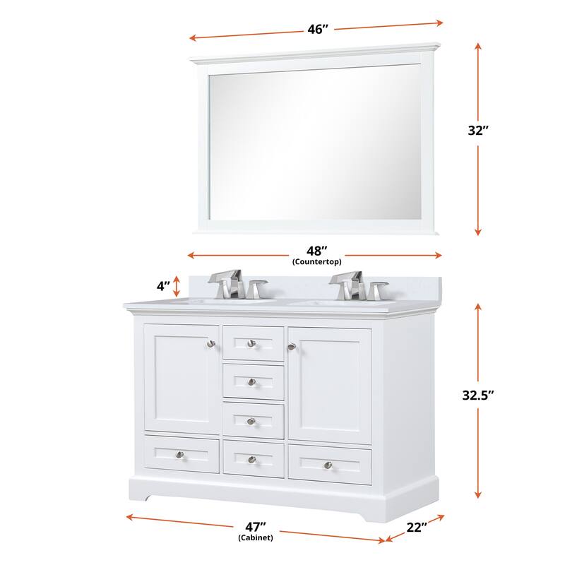 Dukes 48 in. W x 22 in. D White Double Bath Vanity, Cultured Marble Top, Faucet Set, 46 in. Mirror