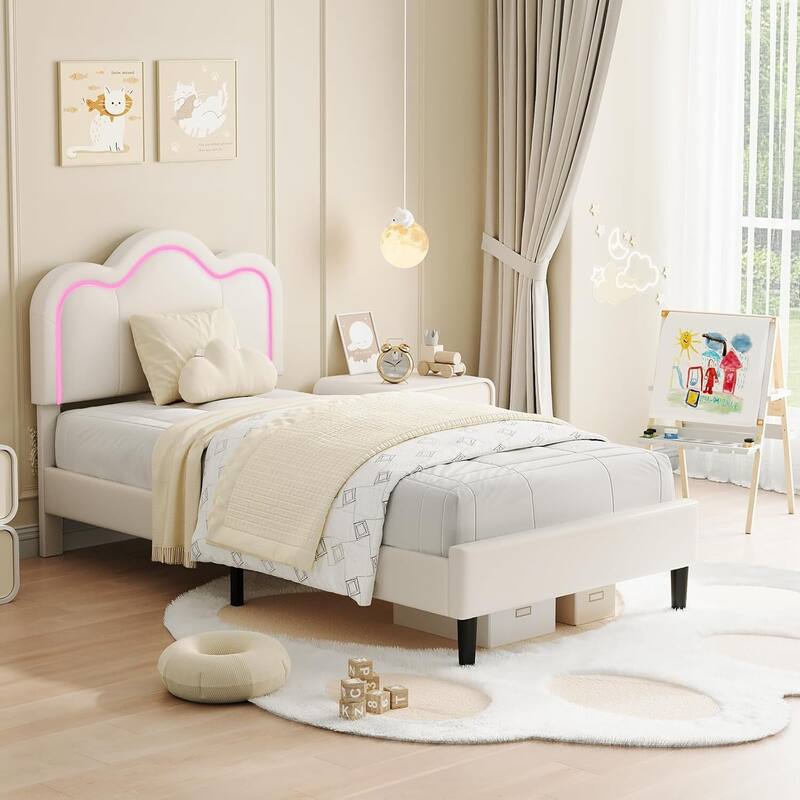 Twin Size Upholstered Bed Frame with RGB LED Light Height Adjustable Headboard