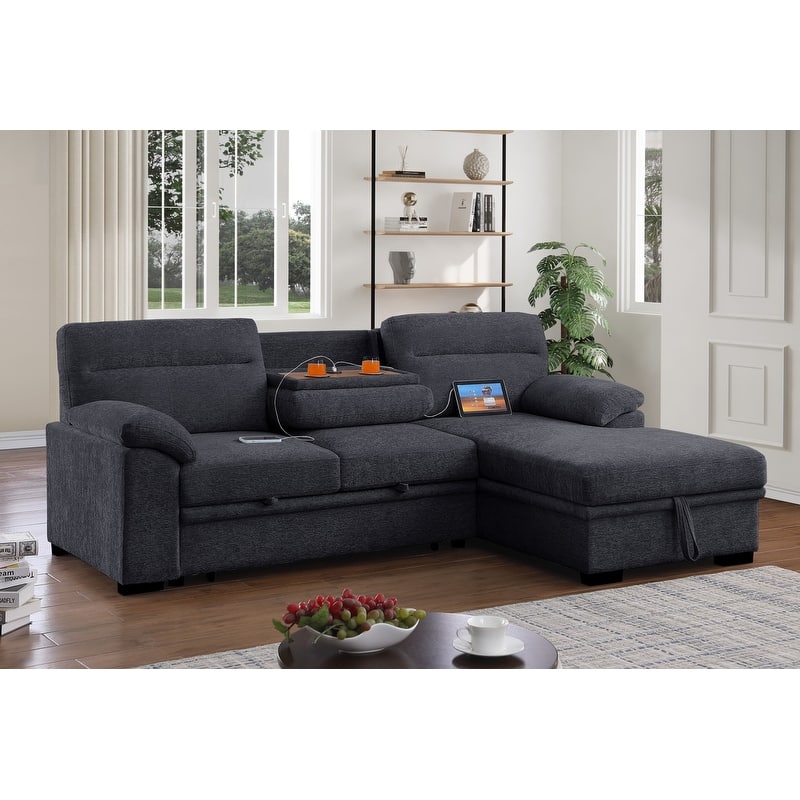 Kipling II 94"W Chenille Fabric Sleeper Sectional Sofa with Right-Facing Chaise, Cupholders, USB Charging port