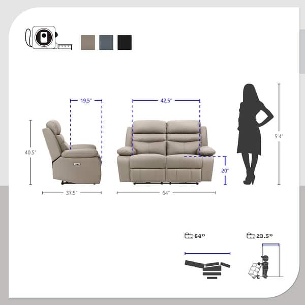 dimension image slide 2 of 3, Fremont & Park Peperomia 3-Piece Leather Match Power Reclining Sofa Set