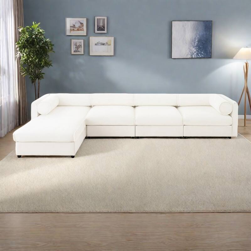 142.5" 4-Seater L-Shaped Chenille Sectional Sofa with Storage and Cylindrical Backrest - White