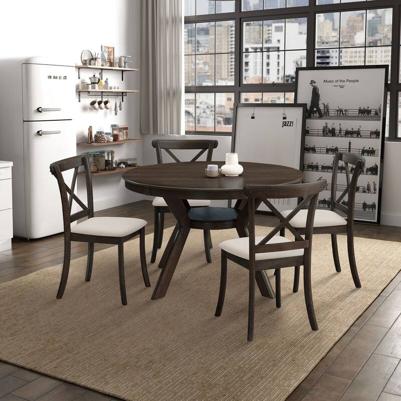 5 Pieces Set Mid-century Modern 47 in Round Rubber Wood Dining Table with Pedestal Base for 4-6 People