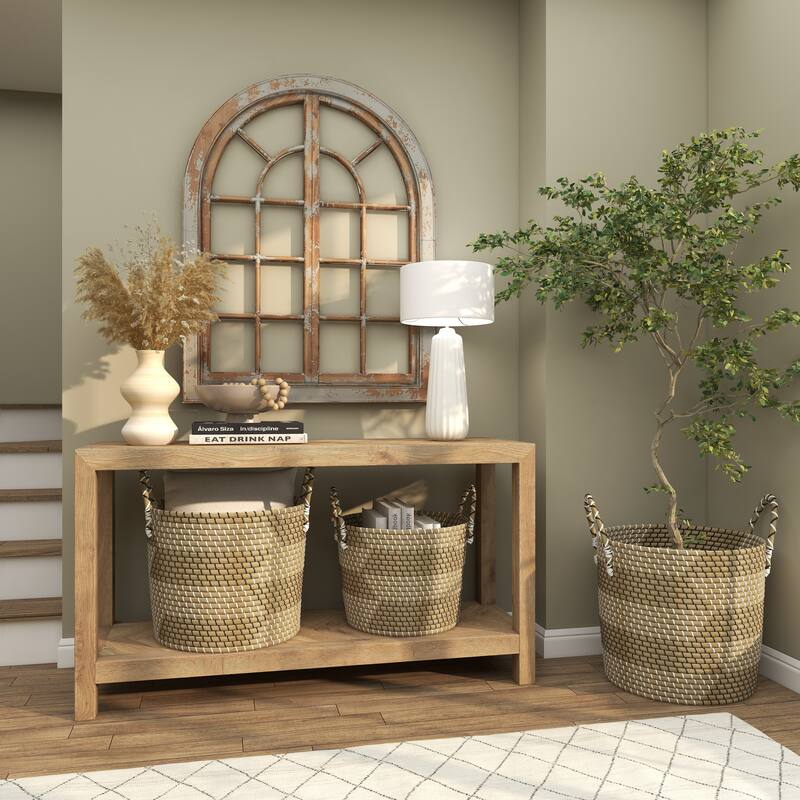 Beige Seagrass Handmade Two Toned Decorative and Functional Storage Basket with Handles (Set of 3)