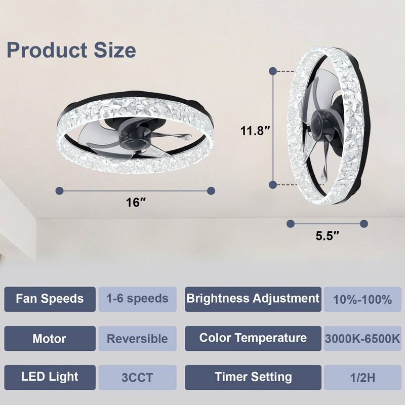Low Profile Ceiling Fan with Light: 20-16 Inch, App Remote Control, Dimmable 3 CCT LED, 6 Wind Speeds, Ultra Quiet