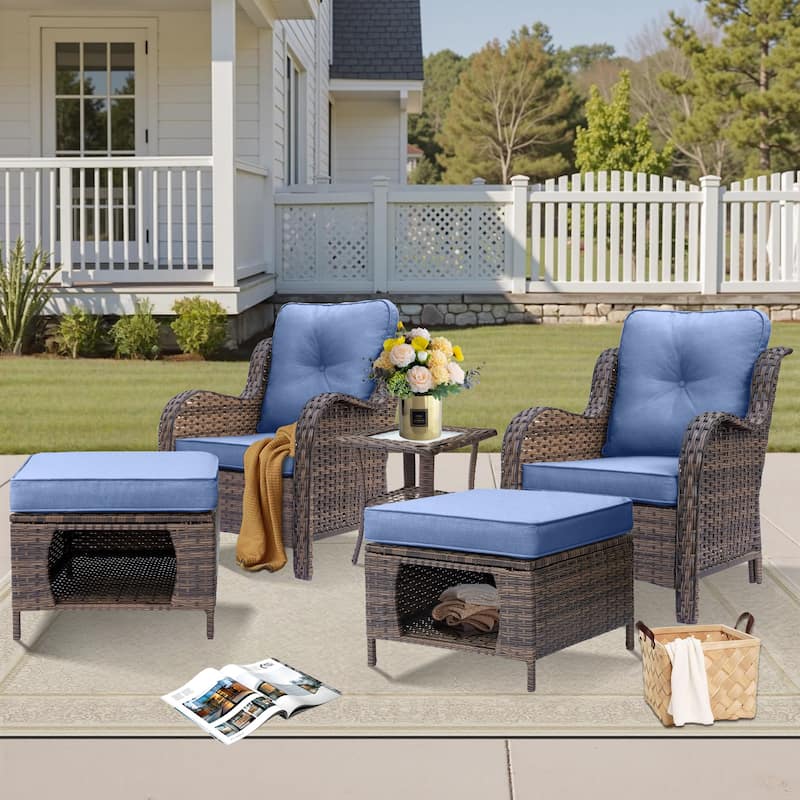 5 Piece Outdoor Wicker Patio Conversation Chair with Ottoman Set