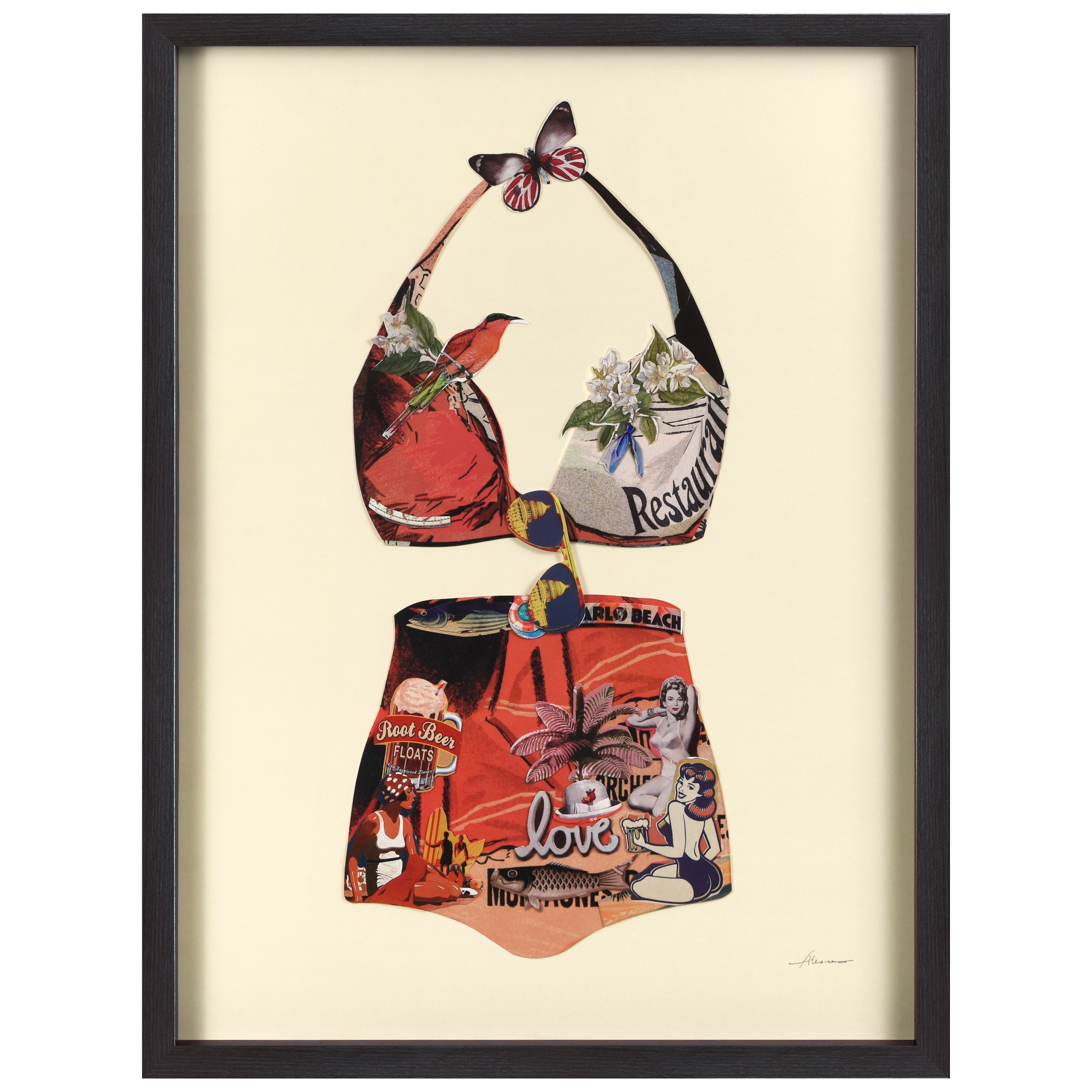 Empire Art "Monte Carlo Beach" Alex Zeng's dimensional collage, under glass & a black shadow box frame