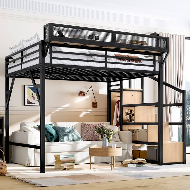 Noise-reduced Design Loft Bed for Teens, Adults with Built-in Wardrobe, Storage Stairs, Shelves, Charging Station and LED Lights