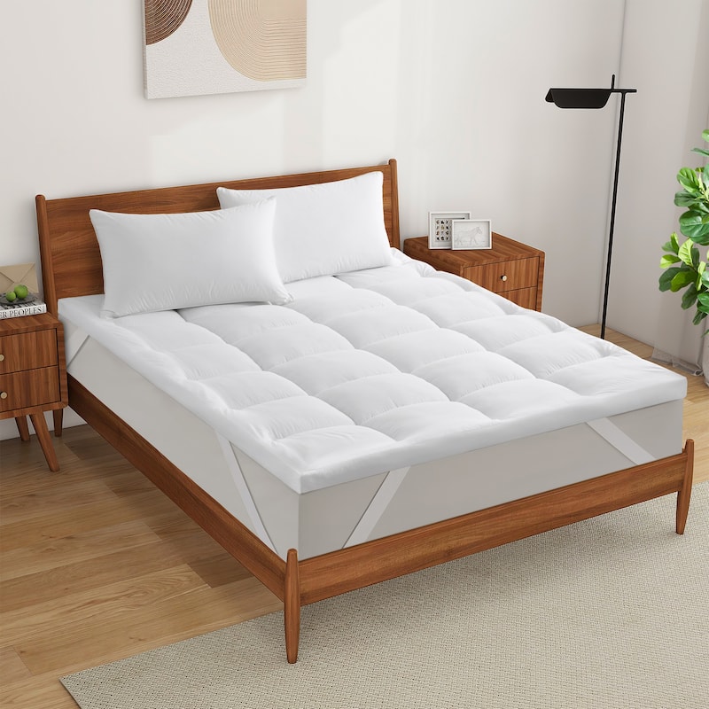 3"& 4" Ultra Thickness Fitted Down Alternative Fiber Mattress Topper with Elastic Deep Strape - Twin - White - 3 Inch